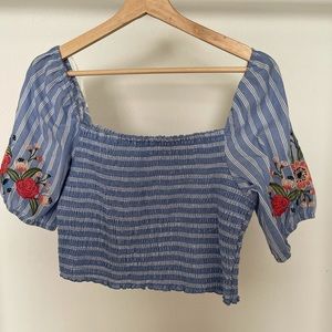 Blue crop top with embroidered flowers